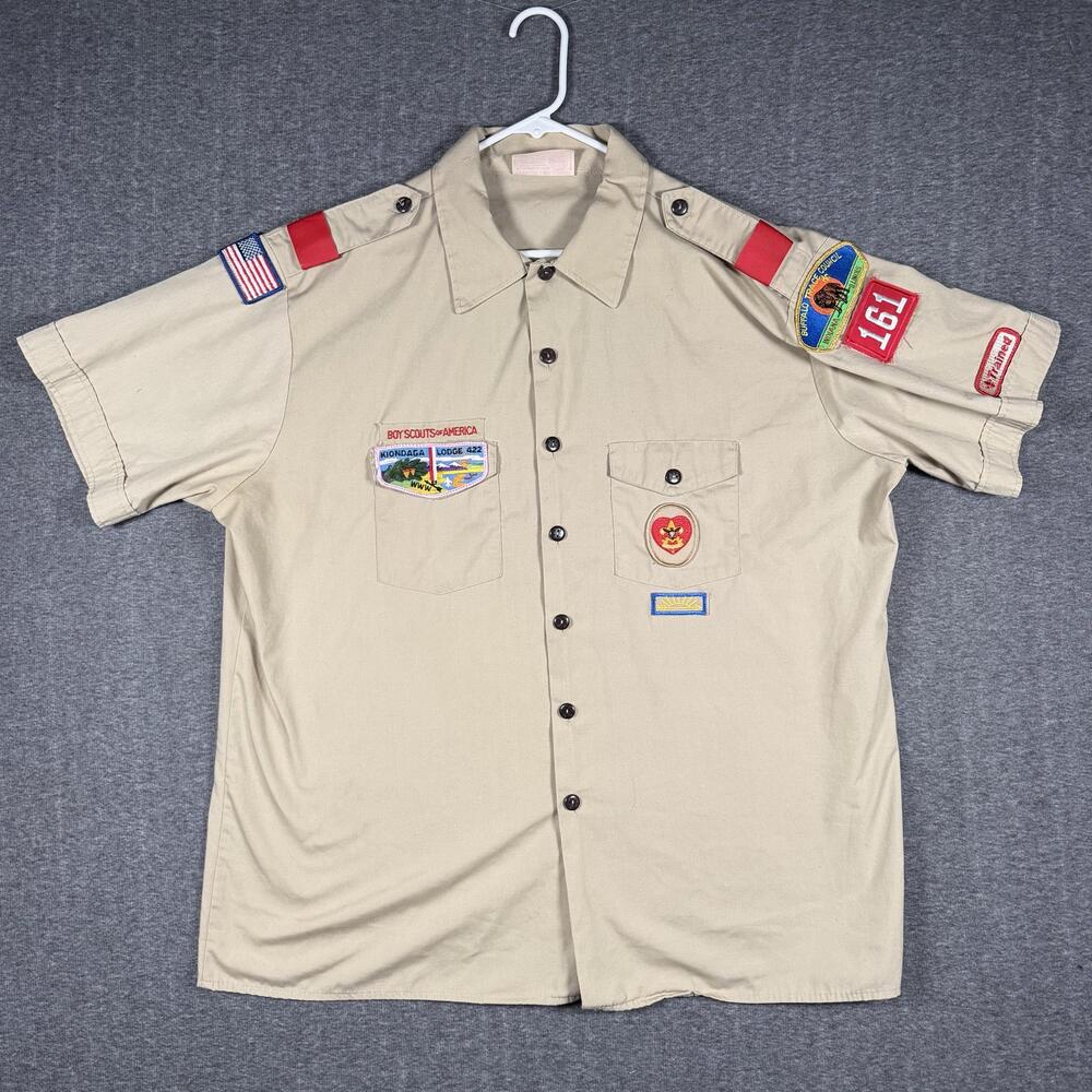 Boy Scouts Of America Shirt Mens 2XL Beige Uniform Patches Buffalo Trace 161